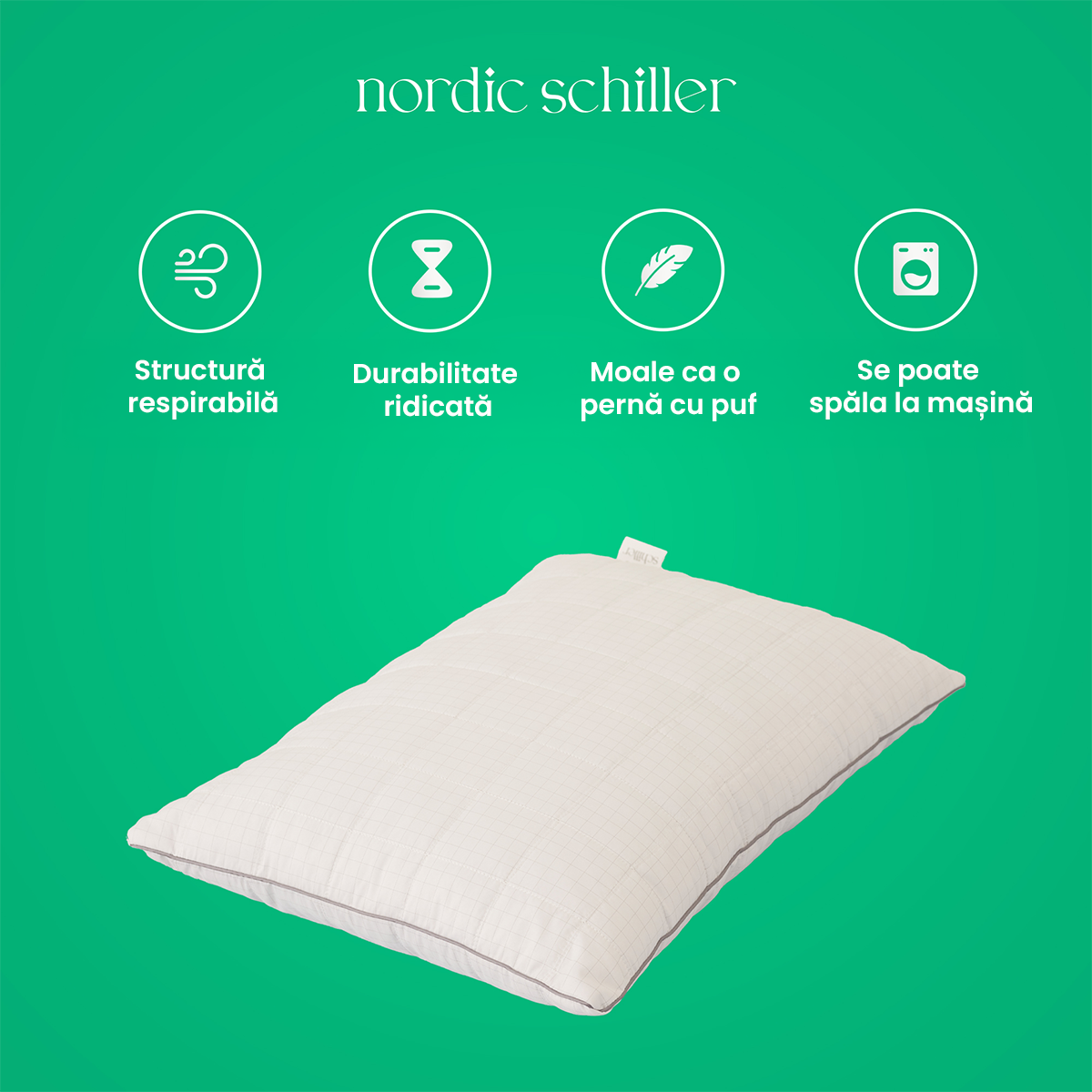 Perna Nordic Schiller Antistress Cu Fibre Antistatice Din Carbon, Umplutura Din Poliester Moale, Respirabila Si Lavabila La 40°C, Hipoalergenica, Forma Stabila Si Reglare A Umiditatii, Alb Imaculat, 900g, Dimensiune Standard