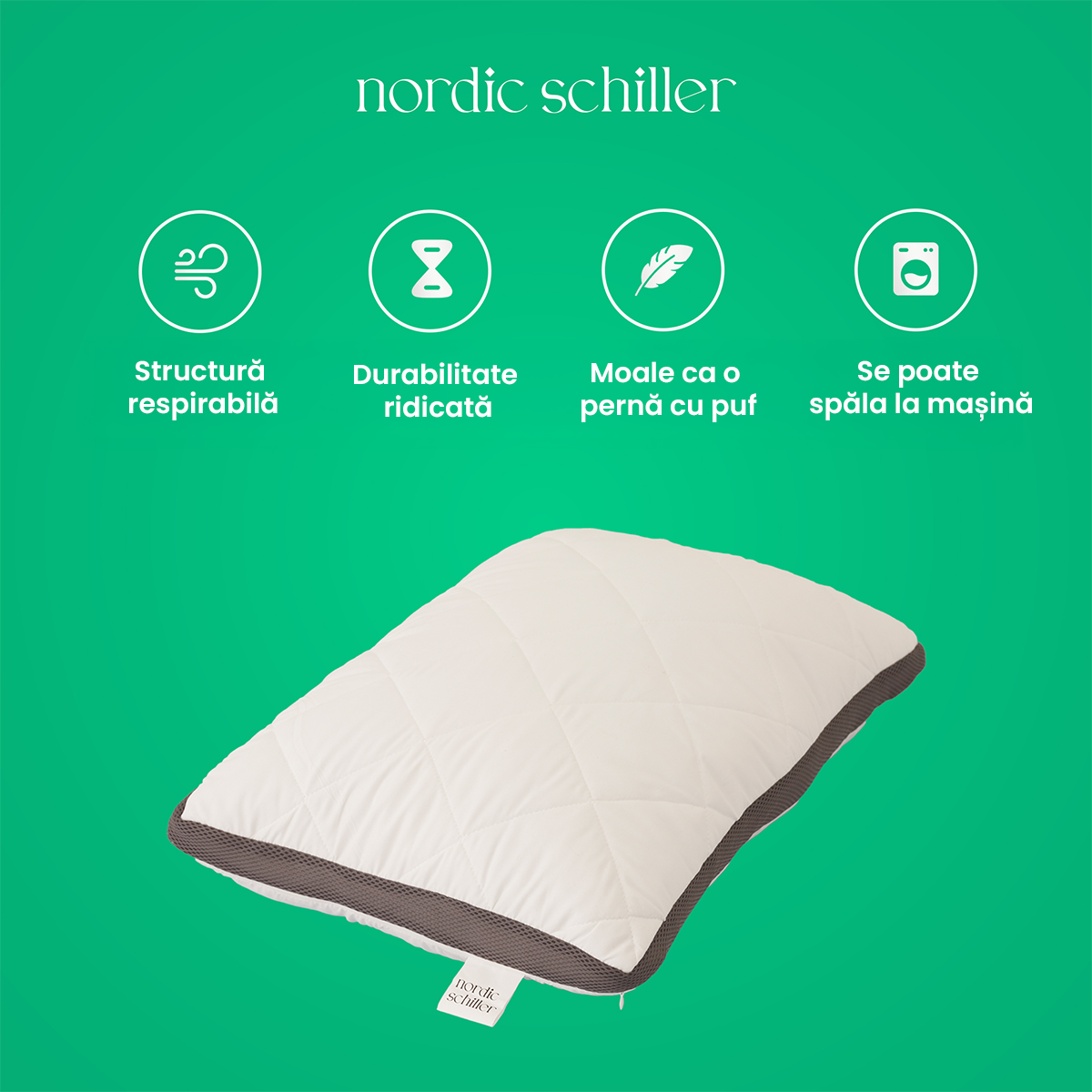 Perna Clasica Nordic Schiller Oppo Din Microfibra Cu Umplutura Din Fibre Siliconizate, Lavabila La 40°C, Hipoalergenica, Moale Si Forma Stabila, Culoare Alba Cu Steppare Fina, Ideala Pentru Toate Pozitiile De Somn, 850g