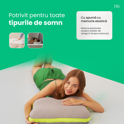 Perna Cervicala Ergonomica Dubla Din Spuma Viscoelastica Nordic Schiller Carbon Visco, 60x40x12/10 cm, Cu Fibre De Carbon, Doua Inaltimi, Suport Gat, Hipoalergenica, Husa Respirabila, Gri Deschis