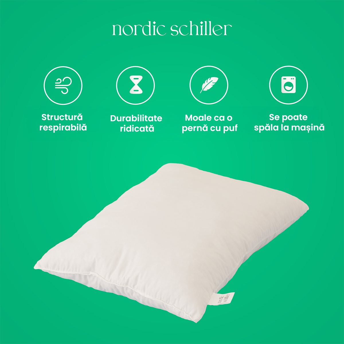 Perna Nordic Schiller Din Microfibra Cu Umplutura Siliconizata, Dimensiune 50x70 cm, Forma Stabila, Moale, Lavabila La 40°C, Hipoalergenica Si Respirabila, Ideala Pentru Toate Pozitiile De Somn, Alba, 700g