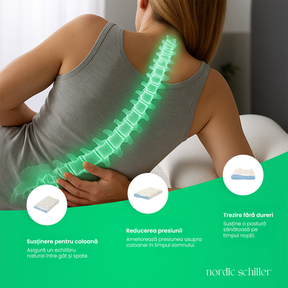 Perna Ortopedica Nordic Schiller Cooler Visco Cu Sustinere Cervicala, Din Spuma Visco-Gel Cu Efect Racoritor, Ergonomica, Cu Husa 3D Mesh Lavabila, 60x40x11/9cm, Gri Deschis Cu Elemente Albastre