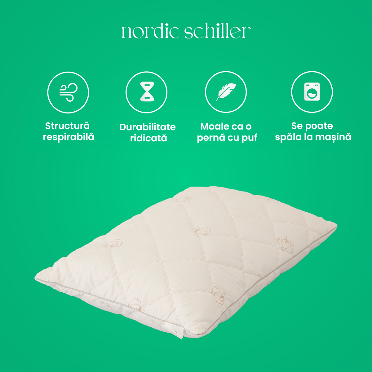 Perna Nordic Schiller Cu Umplutura Din Fibre Siliconizate Si Husa 100% Bumbac, Antialergica, Respirabila, Moale Si Lavabila La 40°C, Forma Clasica, Ideala Pentru Toate Sezoanele Si Tipurile De Somn, 50x70 cm, 900g, Alb Pur