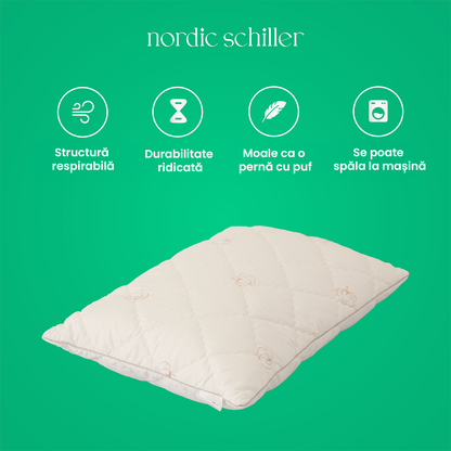 Perna Nordic Schiller Cu Umplutura Din Fibre Siliconizate Si Husa 100% Bumbac, Antialergica, Respirabila, Moale Si Lavabila La 40°C, Forma Clasica, Ideala Pentru Toate Sezoanele Si Tipurile De Somn, 50x70 cm, 900g, Alb Pur