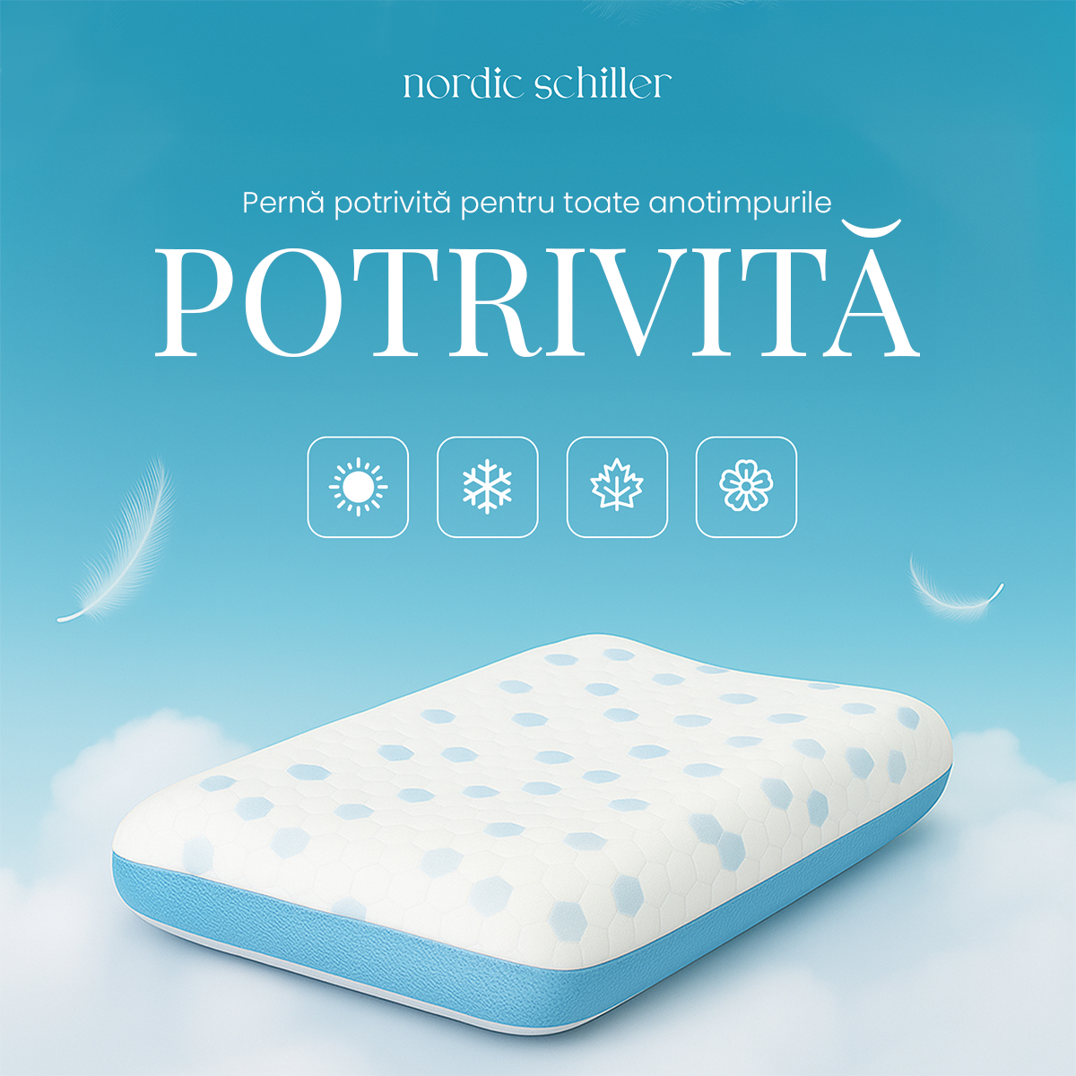 Perna Ergonomica Inalta Nordic Schiller Cooler Visco Pentru Sustinere Cervicala, Din Spuma Cu Gel Racoritor, Design Extra Inalt 13 cm, Husa Lavabila Antibacteriana Cu 3D Mesh, 60x40cm, Alb Cu Elemente Cool-Touch