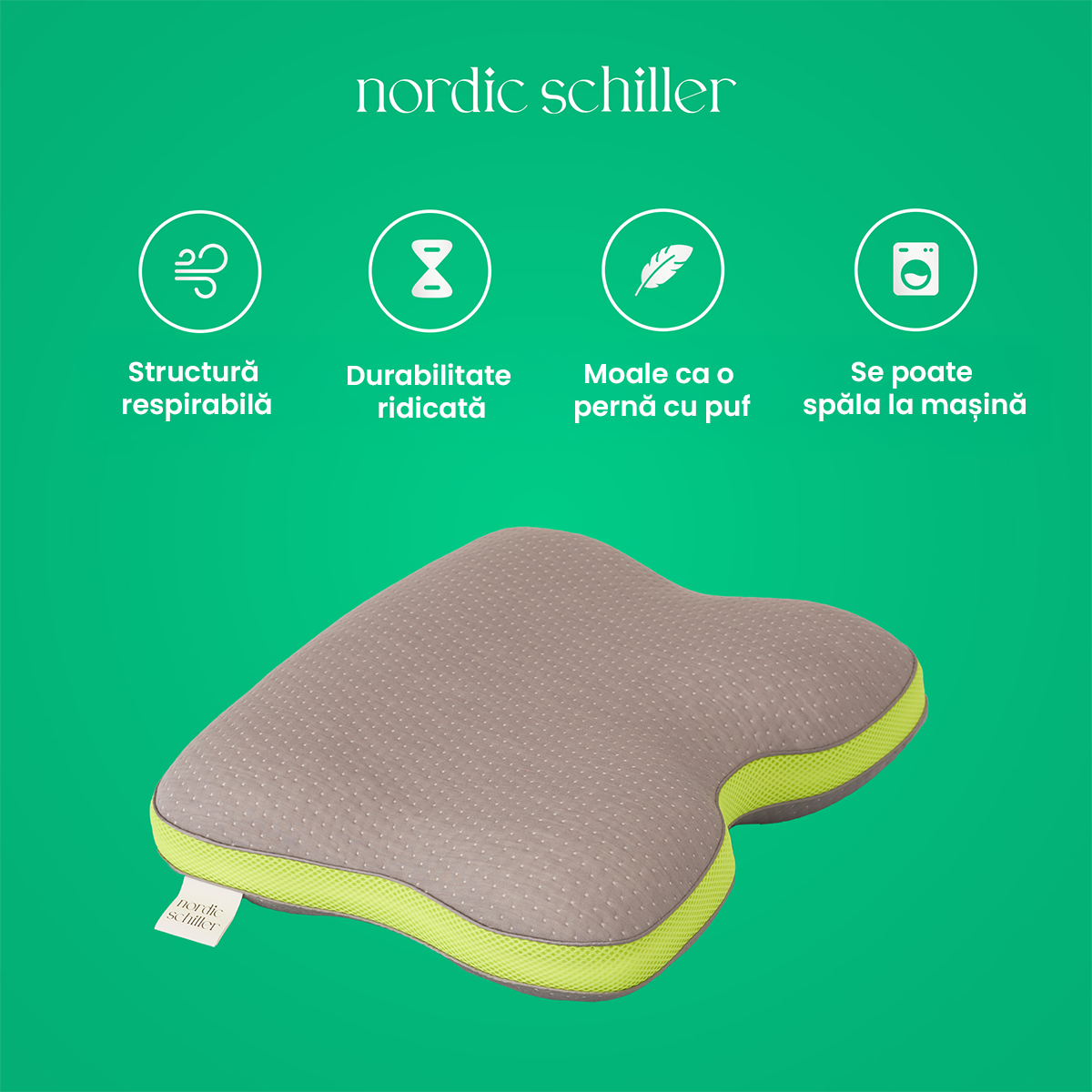 Perna Cervicala Ergonomica Dubla Din Spuma Viscoelastica Nordic Schiller Carbon Visco, 60x40x12/10 cm, Cu Fibre De Carbon, Doua Inaltimi, Suport Gat, Hipoalergenica, Husa Respirabila, Gri Deschis