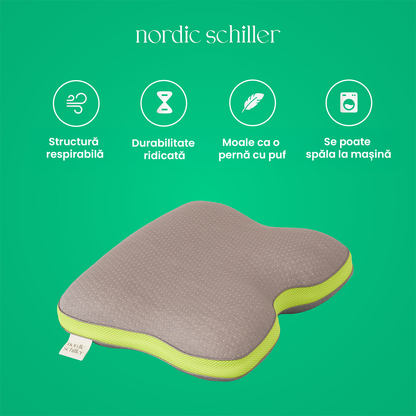 Perna Cervicala Ergonomica Dubla Din Spuma Viscoelastica Nordic Schiller Carbon Visco, 60x40x12/10 cm, Cu Fibre De Carbon, Doua Inaltimi, Suport Gat, Hipoalergenica, Husa Respirabila, Gri Deschis
