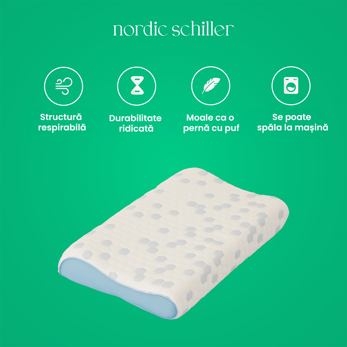 Perna Ortopedica Nordic Schiller Cooler Visco Cu Sustinere Cervicala, Din Spuma Visco-Gel Cu Efect Racoritor, Ergonomica, Cu Husa 3D Mesh Lavabila, 60x40x11/9cm, Gri Deschis Cu Elemente Albastre