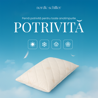 Perna Nordic Schiller Cu Umplutura Din Fibre Siliconizate Si Husa 100% Bumbac, Antialergica, Respirabila, Moale Si Lavabila La 40°C, Forma Clasica, Ideala Pentru Toate Sezoanele Si Tipurile De Somn, 50x70 cm, 900g, Alb Pur