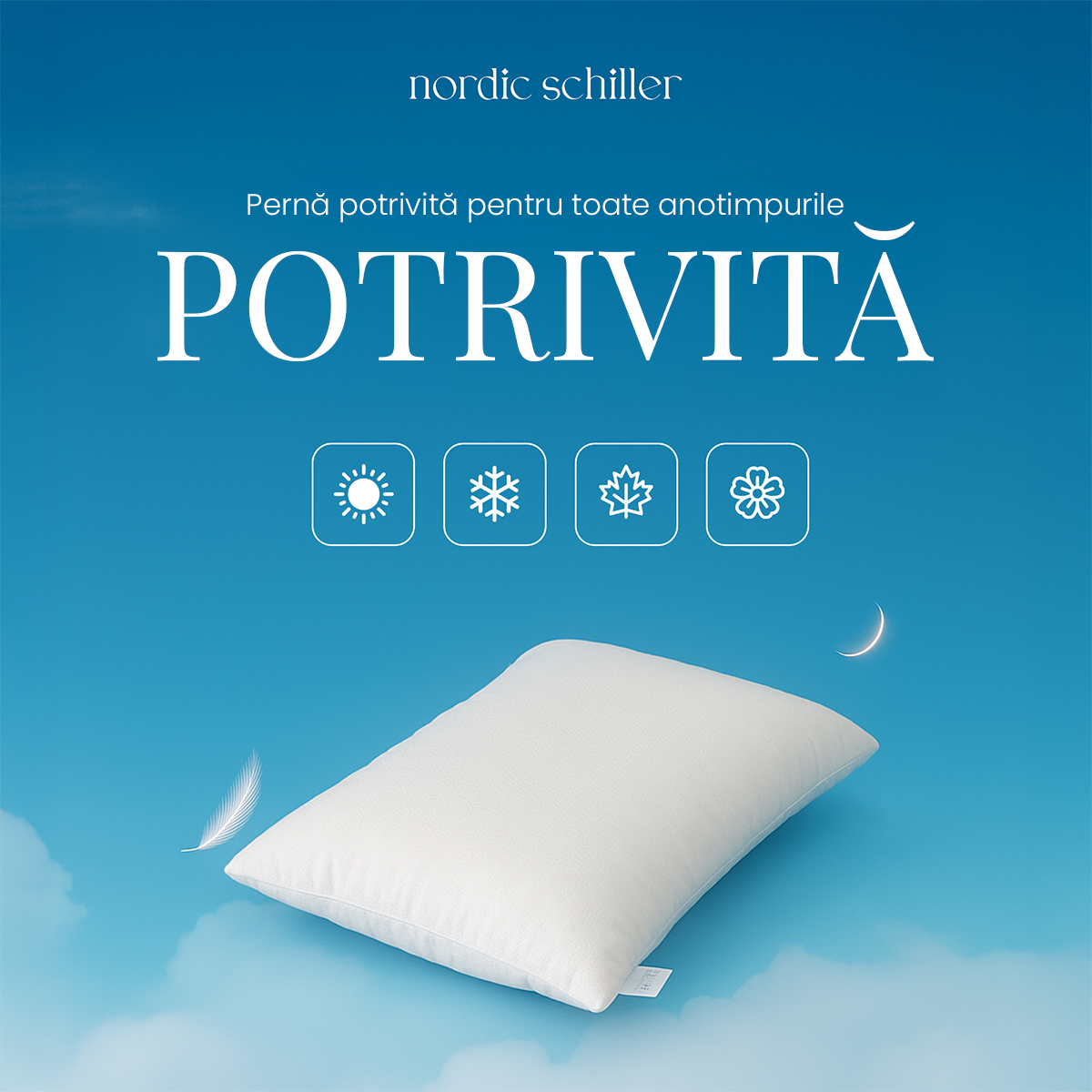 Perna Nordic Schiller Din Microfibra Cu Umplutura Siliconizata, Dimensiune 50x70 cm, Forma Stabila, Moale, Lavabila La 40°C, Hipoalergenica Si Respirabila, Ideala Pentru Toate Pozitiile De Somn, Alba, 700g