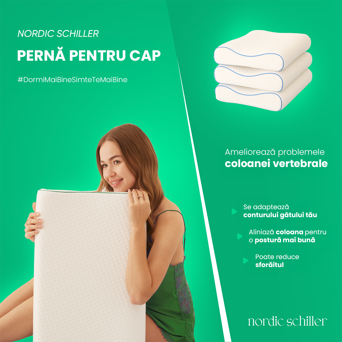 Perna Cervicala Ortopedica Nordic Schiller Pro, Gri, Spuma Viscoelastica, 60x40x11.9 cm