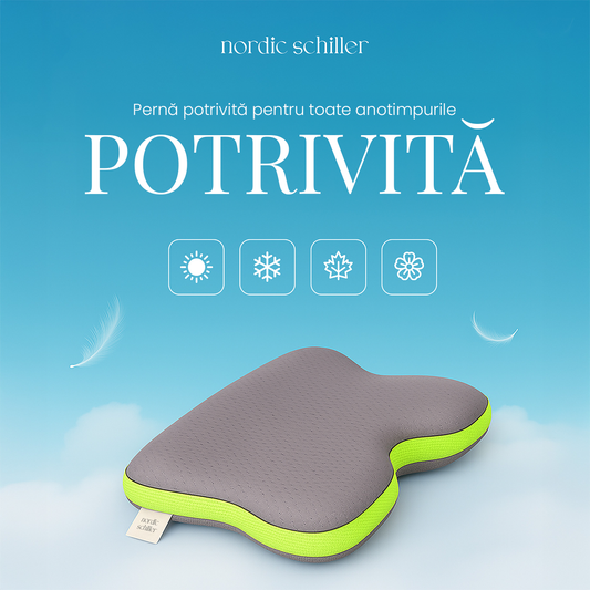 Perna Cervicala Ergonomica Dubla Din Spuma Viscoelastica Nordic Schiller Carbon Visco, 60x40x12/10 cm, Cu Fibre De Carbon, Doua Inaltimi, Suport Gat, Hipoalergenica, Husa Respirabila, Gri Deschis