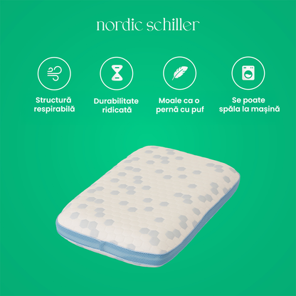 Perna Ergonomica Inalta Nordic Schiller Cooler Visco Pentru Sustinere Cervicala, Din Spuma Cu Gel Racoritor, Design Extra Inalt 13 cm, Husa Lavabila Antibacteriana Cu 3D Mesh, 60x40cm, Alb Cu Elemente Cool-Touch