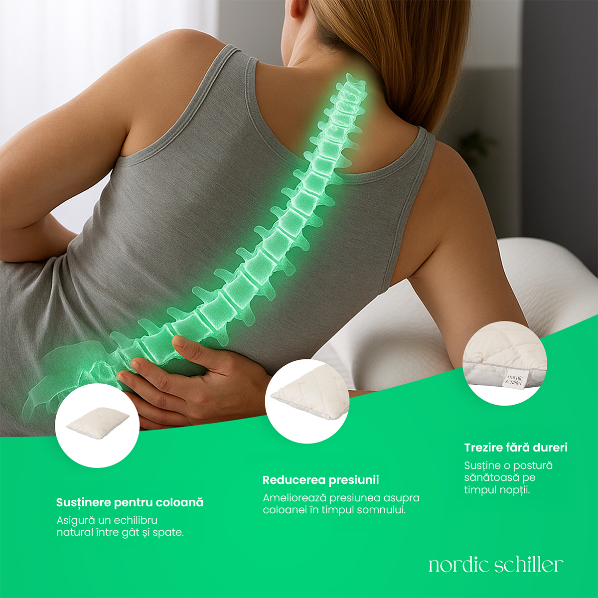 Perna Nordic Schiller Cu Umplutura Din Fibre Siliconizate Si Husa 100% Bumbac, Antialergica, Respirabila, Moale Si Lavabila La 40°C, Forma Clasica, Ideala Pentru Toate Sezoanele Si Tipurile De Somn, 50x70 cm, 900g, Alb Pur