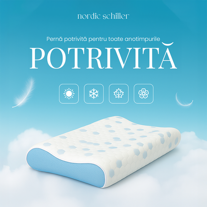 Perna Ortopedica Nordic Schiller Cooler Visco Cu Sustinere Cervicala, Din Spuma Visco-Gel Cu Efect Racoritor, Ergonomica, Cu Husa 3D Mesh Lavabila, 60x40x11/9cm, Gri Deschis Cu Elemente Albastre