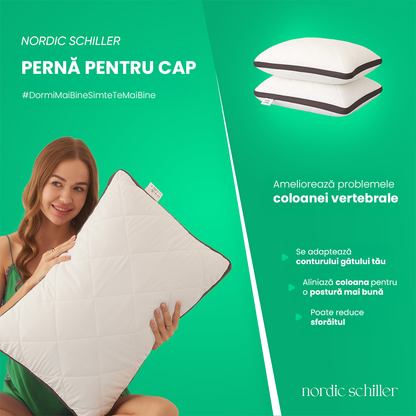 Perna Clasica Nordic Schiller Oppo Din Microfibra Cu Umplutura Din Fibre Siliconizate, Lavabila La 40°C, Hipoalergenica, Moale Si Forma Stabila, Culoare Alba Cu Steppare Fina, Ideala Pentru Toate Pozitiile De Somn, 850g