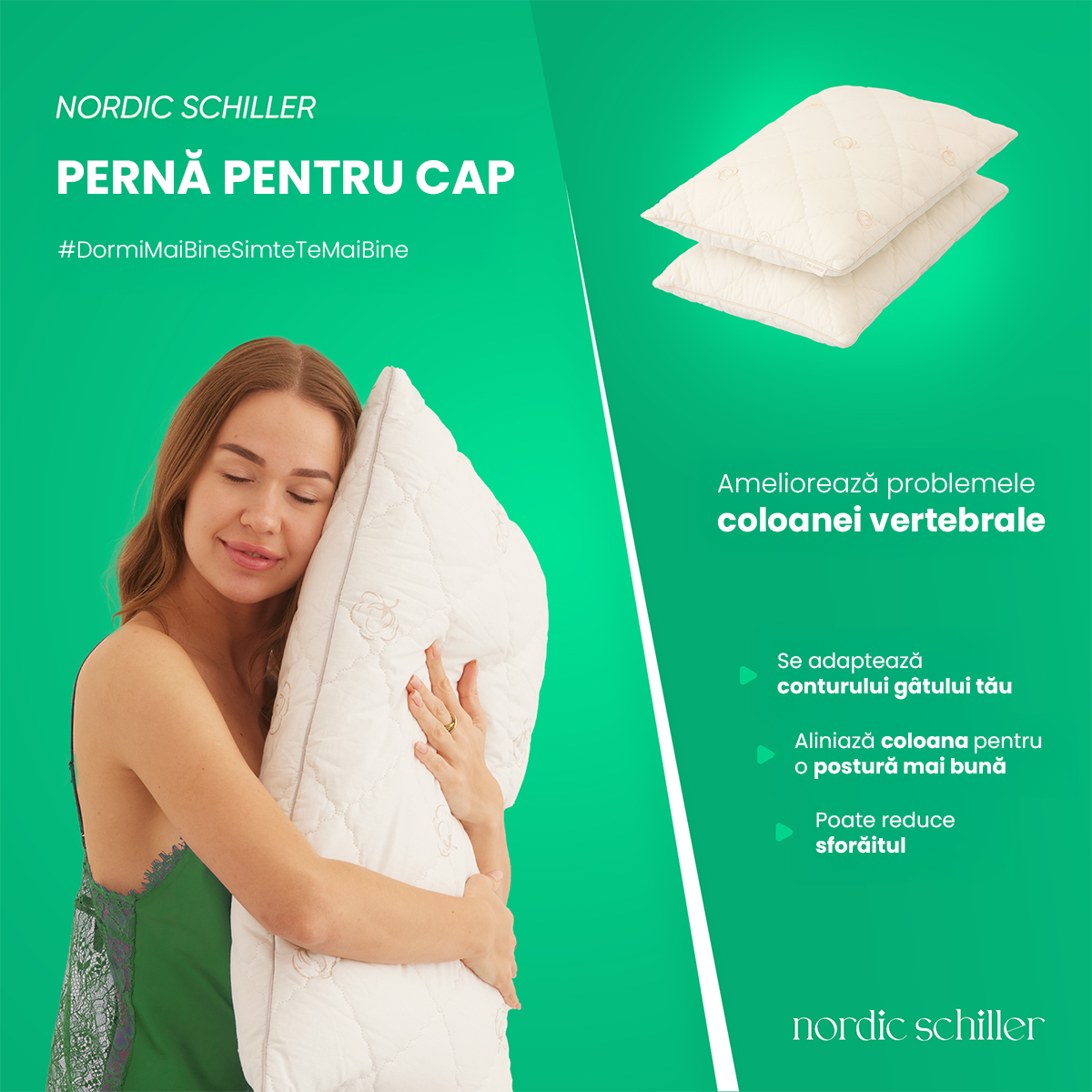 Perna Nordic Schiller Cu Umplutura Din Fibre Siliconizate Si Husa 100% Bumbac, Antialergica, Respirabila, Moale Si Lavabila La 40°C, Forma Clasica, Ideala Pentru Toate Sezoanele Si Tipurile De Somn, 50x70 cm, 900g, Alb Pur