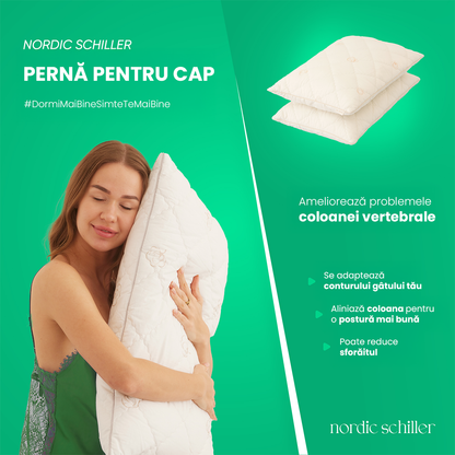 Perna Nordic Schiller Cu Umplutura Din Fibre Siliconizate Si Husa 100% Bumbac, Antialergica, Respirabila, Moale Si Lavabila La 40°C, Forma Clasica, Ideala Pentru Toate Sezoanele Si Tipurile De Somn, 50x70 cm, 900g, Alb Pur