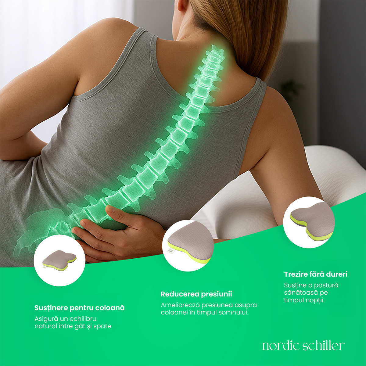 Perna Cervicala Ergonomica Dubla Din Spuma Viscoelastica Nordic Schiller Carbon Visco, 60x40x12/10 cm, Cu Fibre De Carbon, Doua Inaltimi, Suport Gat, Hipoalergenica, Husa Respirabila, Gri Deschis