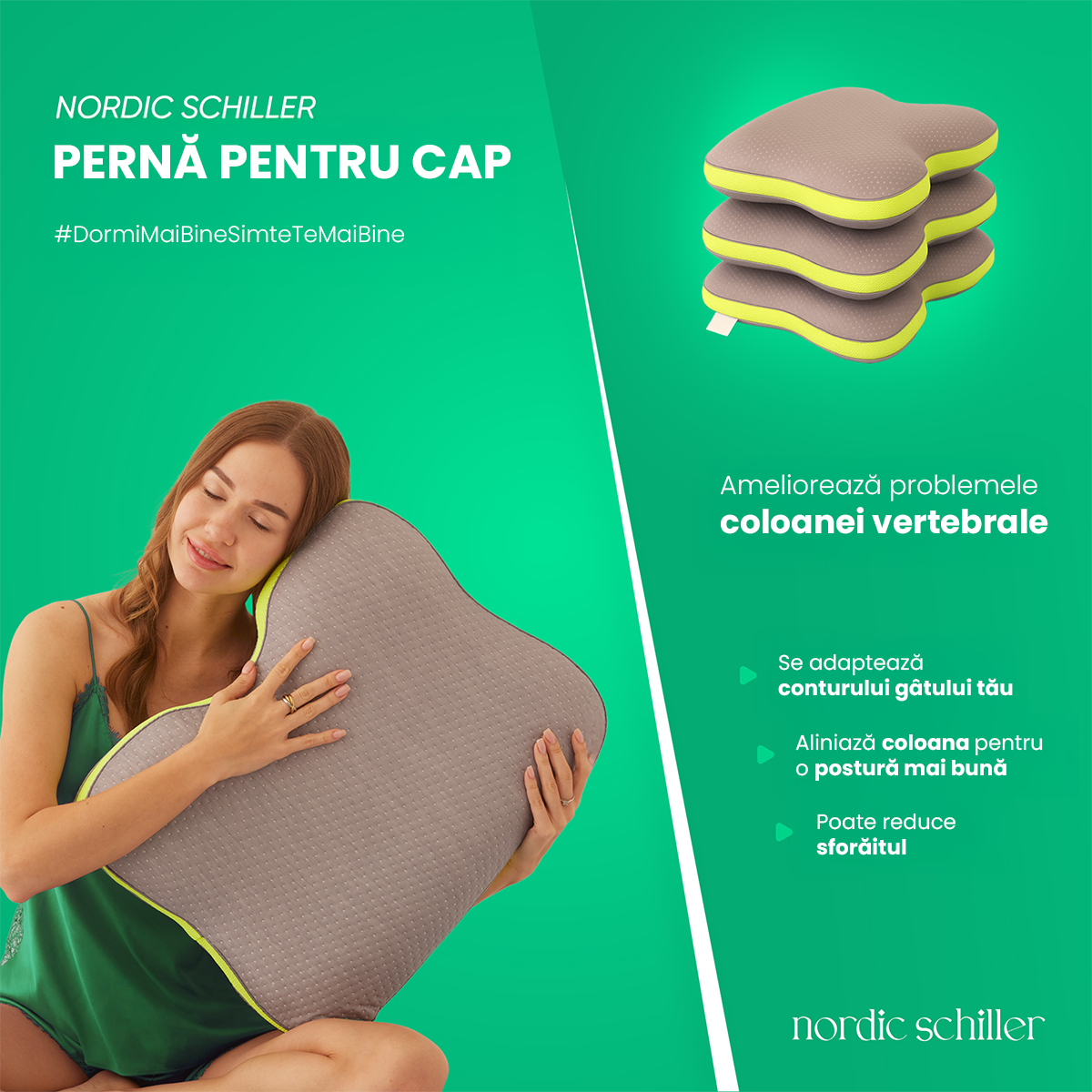 Perna Cervicala Ergonomica Dubla Din Spuma Viscoelastica Nordic Schiller Carbon Visco, 60x40x12/10 cm, Cu Fibre De Carbon, Doua Inaltimi, Suport Gat, Hipoalergenica, Husa Respirabila, Gri Deschis