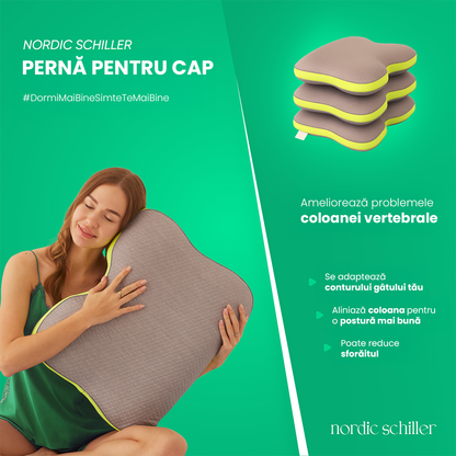 Perna Cervicala Ergonomica Dubla Din Spuma Viscoelastica Nordic Schiller Carbon Visco, 60x40x12/10 cm, Cu Fibre De Carbon, Doua Inaltimi, Suport Gat, Hipoalergenica, Husa Respirabila, Gri Deschis