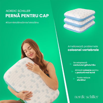 Perna Ergonomica Inalta Nordic Schiller Cooler Visco Pentru Sustinere Cervicala, Din Spuma Cu Gel Racoritor, Design Extra Inalt 13 cm, Husa Lavabila Antibacteriana Cu 3D Mesh, 60x40cm, Alb Cu Elemente Cool-Touch