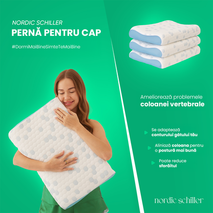 Perna Ortopedica Nordic Schiller Cooler Visco Cu Sustinere Cervicala, Din Spuma Visco-Gel Cu Efect Racoritor, Ergonomica, Cu Husa 3D Mesh Lavabila, 60x40x11/9cm, Gri Deschis Cu Elemente Albastre