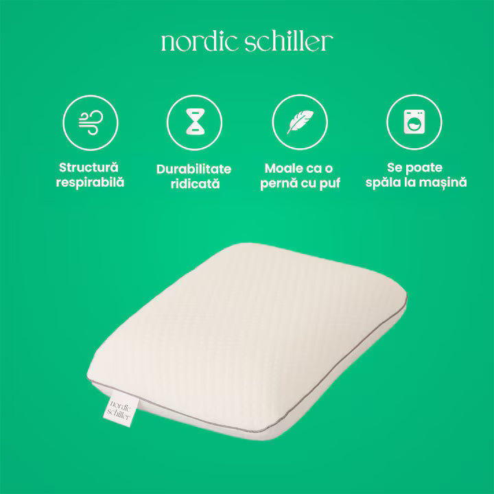 Perna Ergonomica Clasica Din Spuma Viscoelastica Nordic Schiller Pro, 60x40x12 cm, Suport Cervical, Design Anatomic, Hipoalergenica, Husa Detasabila si Lavabila, Gri Deschis, Pentru Orice Pozitie De Somn