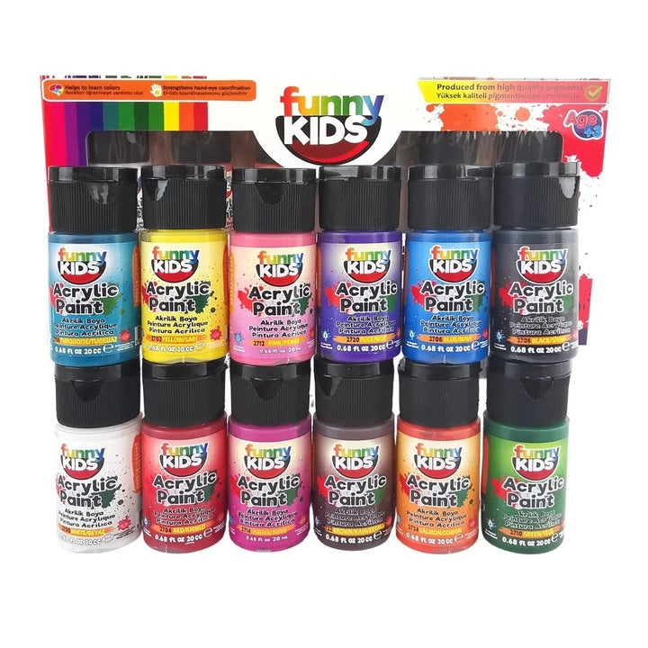 Set 12 Culori Acrilice de Pictura pentru Copii, Funny Kids, 20 ml, Acrylik Boya