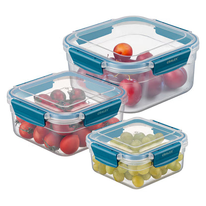 Set 3 recipiente hermetice patrate pentru alimente CRALEX Bona, 650 ml / 1, 25 L / 2, 10 L, Fara BPA, Etanse, Sigure pentru frigider, congelator si cuptorul cu microunde