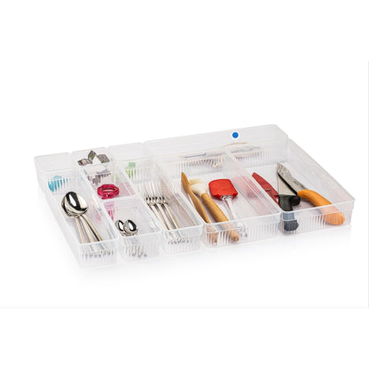 Set 10 organizatoare modulare transparente pentru sertare, CRALEX Nero, bucatarie, birou si baie, Design versatil si eficient pentru o organizare perfecta