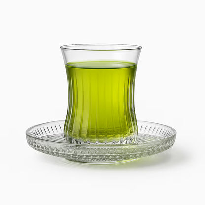 Set de 6 pahare de ceai Pasabahce Elysia cu farfurioare din sticla transparenta, volum 170 ml, design elegant si rezistent, potrivit pentru ceai, cafea sau espresso