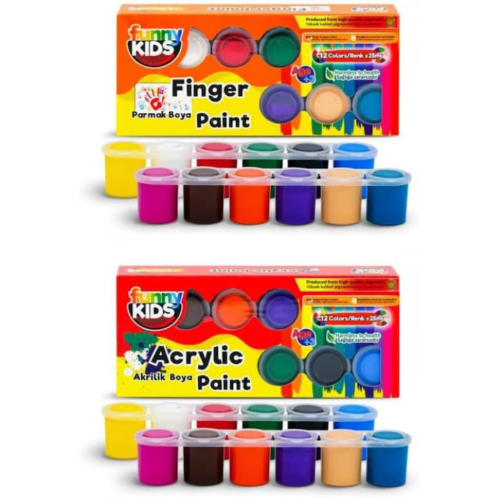 Set 12 culori pentru pictura cu degetele si Set 12 Culori Acrilice de Pictura pentru Copii, Funny Kids, 25 ml, Acrylik Boya