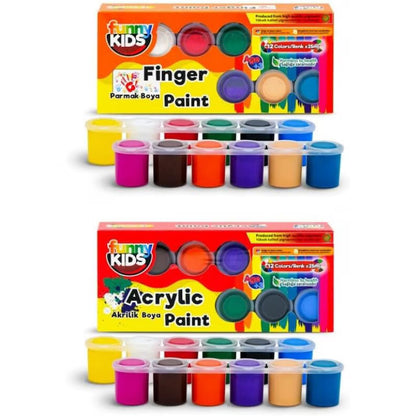 Set 12 culori pentru pictura cu degetele si Set 12 Culori Acrilice de Pictura pentru Copii, Funny Kids, 25 ml, Acrylik Boya