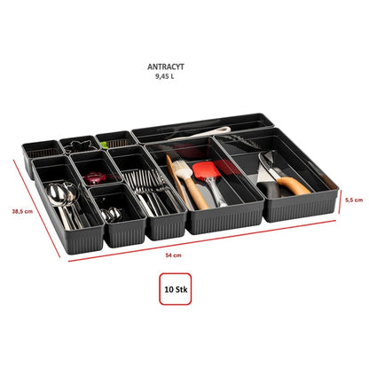Set 10 Organizatoare Modulare Transparente pentru Sertare CRALEX Nero - Bucatarie, Birou si Baie, Design Versatil si Eficient, Antracit