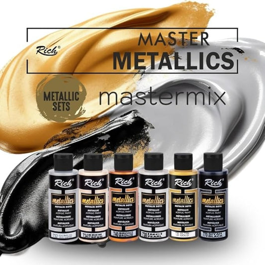 Set Rich Mastermix Vopsea Acrilica 60 ml, 6 Culori Metalice Stralucitoare pentru Pictura si Artizana