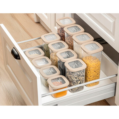 Set 9 Recipiente alimentare patrat, (3x550ml 3x1200ml 3x1750mm) CRALEX®, Bej, Depozitare etansa, Economisire spatiu si organizare perfecta