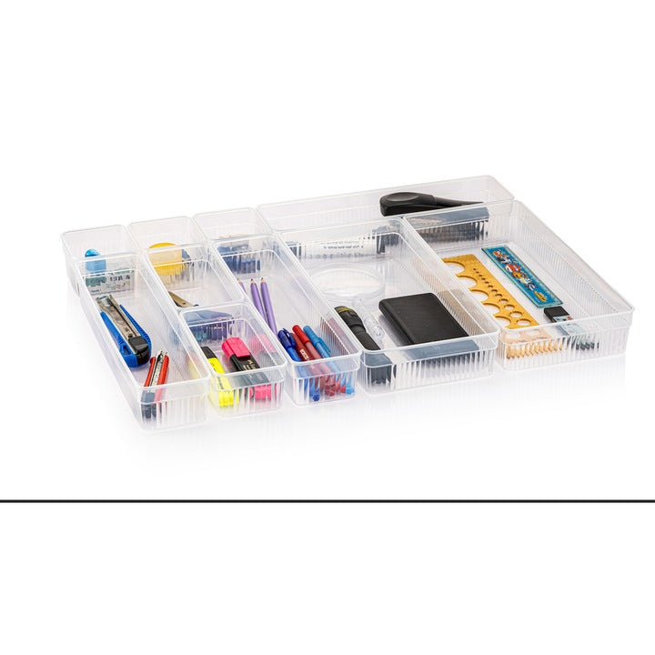 Set 10 organizatoare modulare transparente pentru sertare, CRALEX Nero, bucatarie, birou si baie, Design versatil si eficient pentru o organizare perfecta