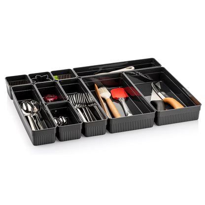 Set 10 Organizatoare Modulare Transparente pentru Sertare CRALEX Nero - Bucatarie, Birou si Baie, Design Versatil si Eficient, Antracit