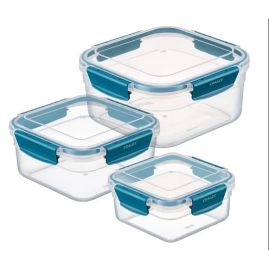 Set 3 recipiente hermetice patrate pentru alimente CRALEX Bona, 700 ml / 1,3 L / 2,15 L, Fara BPA, Etanse, Sigure pentru frigider, congelator si cuptorul cu microunde