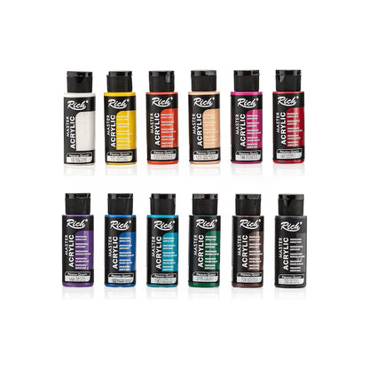 Set Rich Mastermix Vopsea Acrilica, Culori Vibrante pentru Pictura, Perfect pentru Proiectele Tale Creative, 36 Culori, 12 Culori Primare, 12 Culori Pastel, 12 Culori Metalice, 60ml