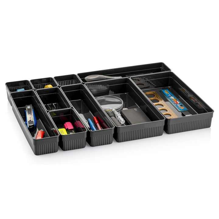 Set 10 Organizatoare Modulare Transparente pentru Sertare CRALEX Nero - Bucatarie, Birou si Baie, Design Versatil si Eficient, Antracit