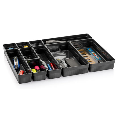 Set 10 Organizatoare Modulare Transparente pentru Sertare CRALEX Nero - Bucatarie, Birou si Baie, Design Versatil si Eficient, Antracit
