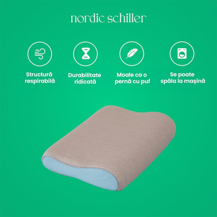 Perna Cervicala Ergonomica Din Spuma Viscoelastica Nordic Schiller Carbon Visco, 60x40x11/9 cm, Cu Fibre De Carbon Antistatice, Husa Respirabila, Suport Gat, Hipoalergenica, Gri Inchis