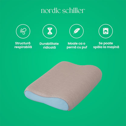 Perna Cervicala Ergonomica Din Spuma Viscoelastica Nordic Schiller Carbon Visco, 60x40x11/9 cm, Cu Fibre De Carbon Antistatice, Husa Respirabila, Suport Gat, Hipoalergenica, Gri Inchis