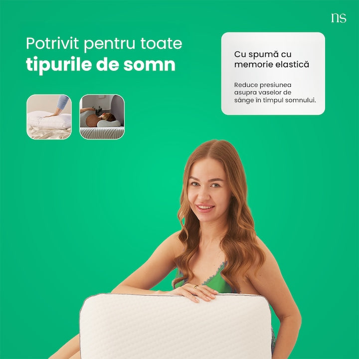 Perna Ergonomica Clasica Din Spuma Viscoelastica Nordic Schiller Pro, 60x40x12 cm, Suport Cervical, Design Anatomic, Hipoalergenica, Husa Detasabila si Lavabila, Gri Deschis, Pentru Orice Pozitie De Somn
