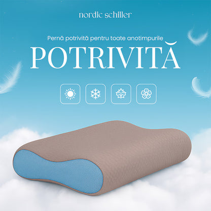 Perna Cervicala Ergonomica Din Spuma Viscoelastica Nordic Schiller Carbon Visco, 60x40x11/9 cm, Cu Fibre De Carbon Antistatice, Husa Respirabila, Suport Gat, Hipoalergenica, Gri Inchis