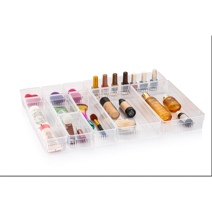 Set 10 organizatoare modulare transparente pentru sertare, CRALEX Nero, bucatarie, birou si baie, Design versatil si eficient pentru o organizare perfecta