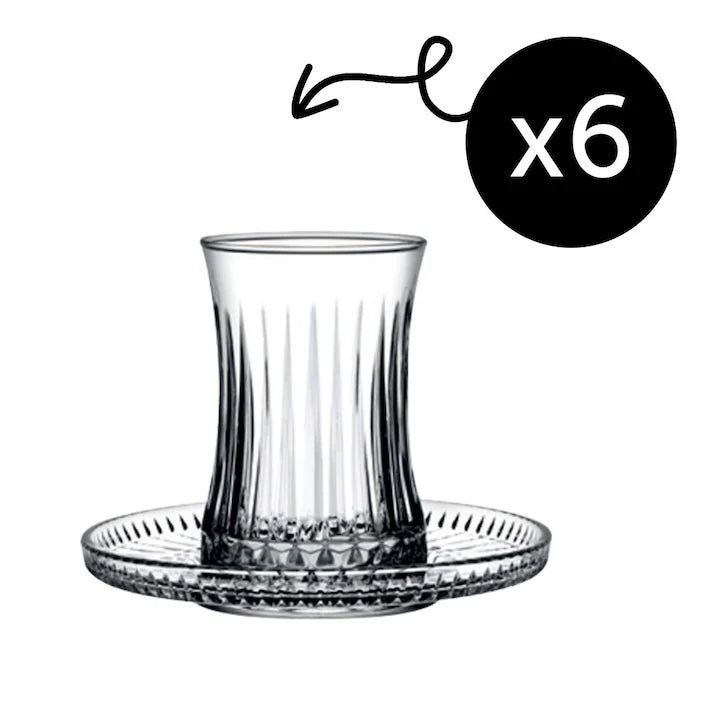 Set de 6 pahare de ceai Pasabahce Elysia cu farfurioare din sticla transparenta, volum 170 ml, design elegant si rezistent, potrivit pentru ceai, cafea sau espresso